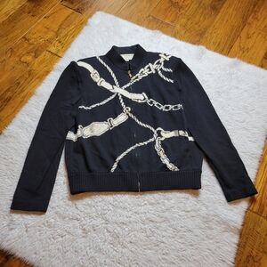 St. John Full Zip Jacket Cardigan Size P Equestrian Belt Chain Gold Santana Knit